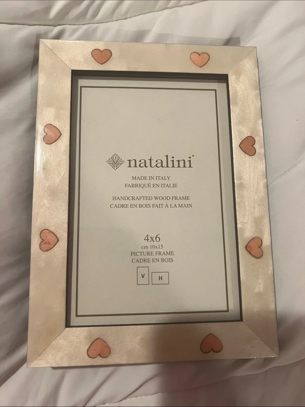 Natalini handcrafted wood picture frame made in Italy 4 x 6 cream pink hearts